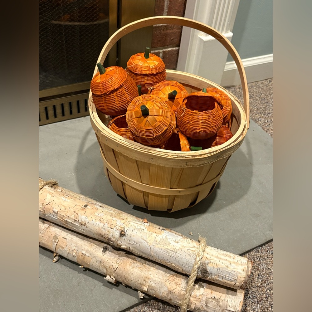 10 Vintage Wicker Halloween/Thanksgiving Pumpkin Basket Set Mini Pumpkins